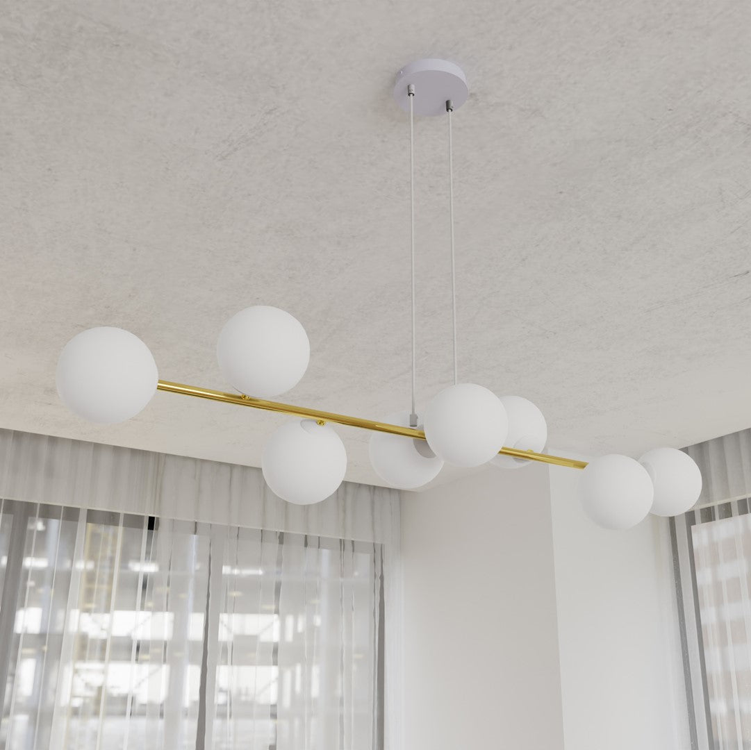 Hanglamp gepoedercoat staal en glas Gravity, wit en goud, 140 cm breed, 8 fittingen E14, verstelbare hoogte