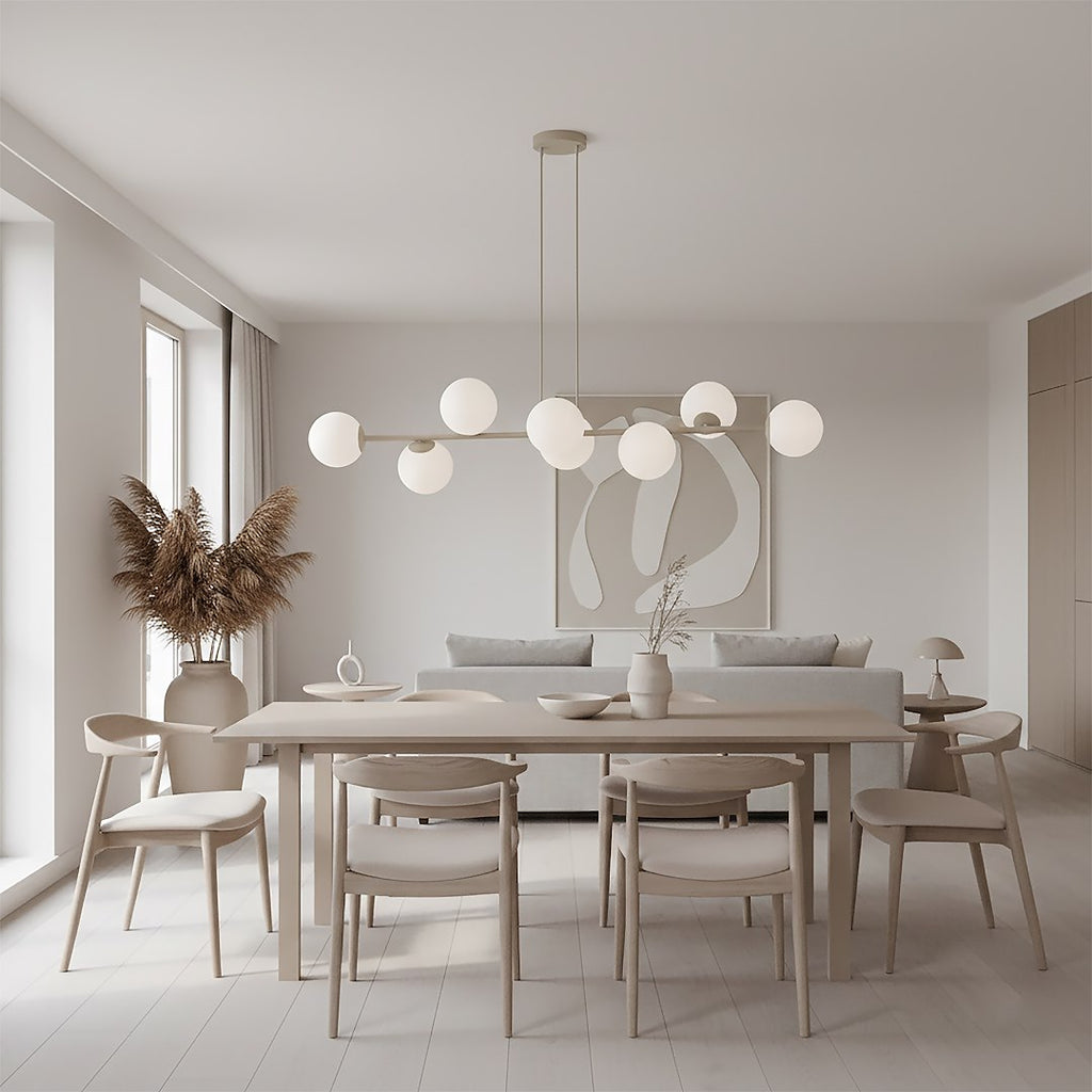 Hanglamp gepoedercoat staal en glas, modern Magnus, beige met witte kappen, 130 x 30 cm, 8 fittingen