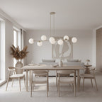 Hanglamp gepoedercoat staal en glas, modern Magnus, beige met witte kappen, 130 x 30 cm, 8 fittingen