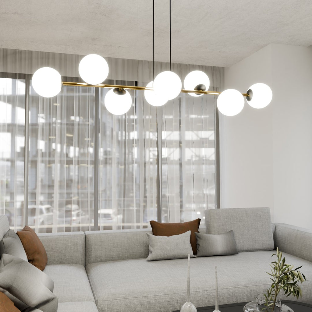 Hanglamp gepoedercoat staal Gravity glamour zwart goud met witte glazen kappen, 8 lichtpunten, 140 cm