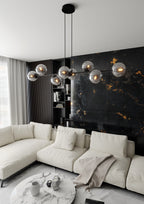 Hanglamp gepoedercoat staal en glas Rossi, zwart met grafiet kappen, 8 lichtpunten E14, 130 cm breed
