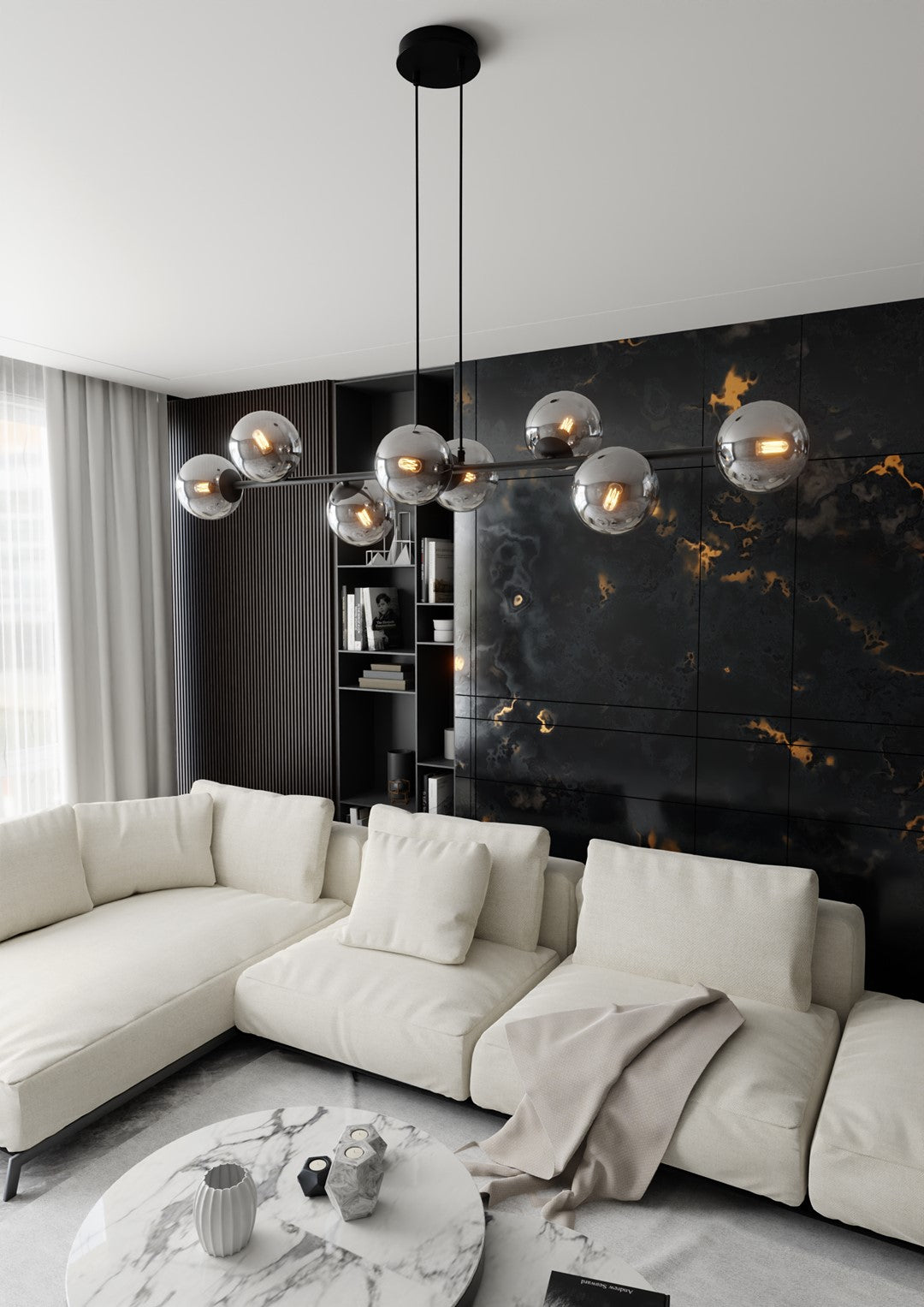 Hanglamp gepoedercoat staal en glas Rossi, zwart met grafiet kappen, 8 lichtpunten E14, 130 cm breed