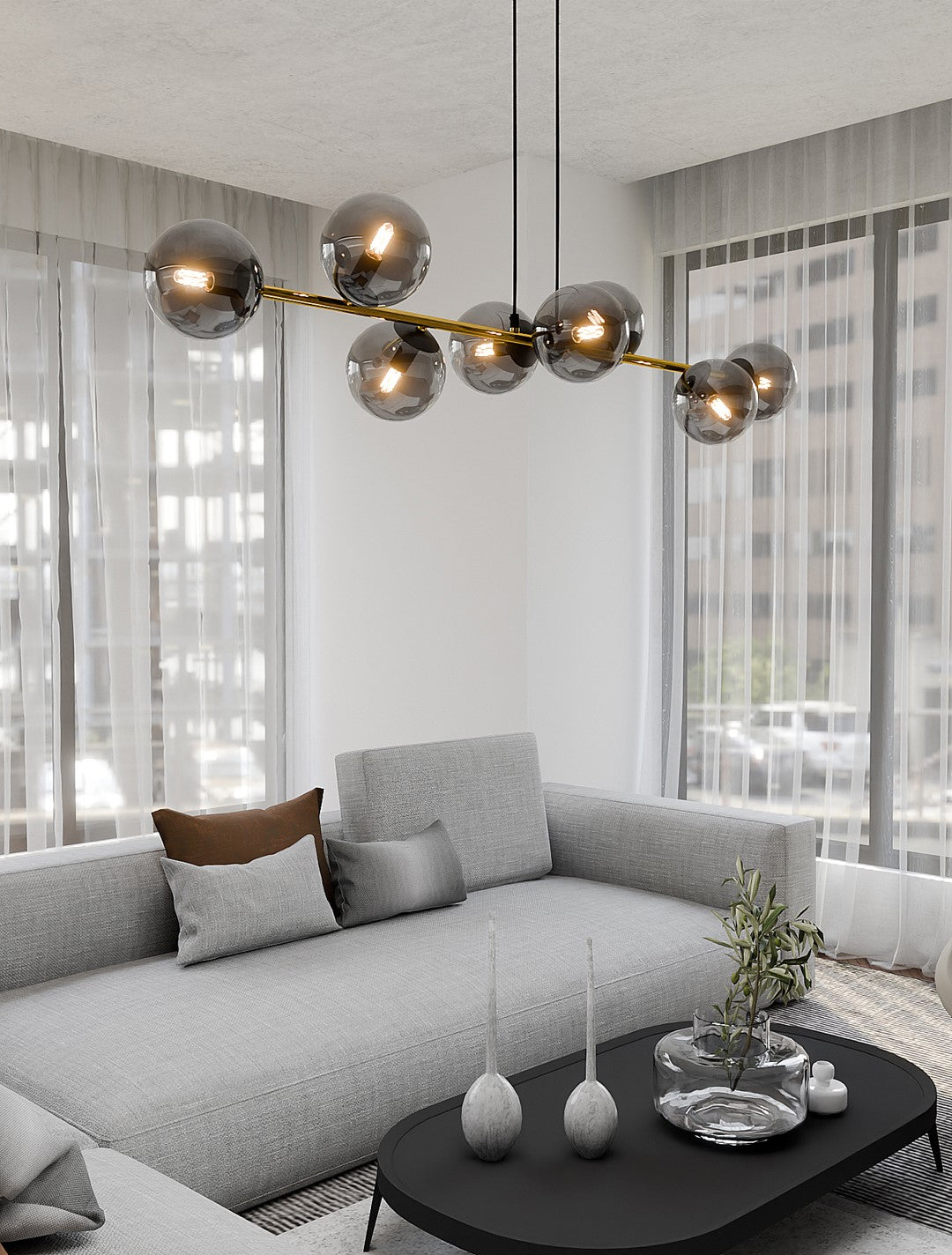 Hanglamp staal glas Gravity glamour zwart met goud en grafiet kappen, 8 lichts, 140 x 100 cm