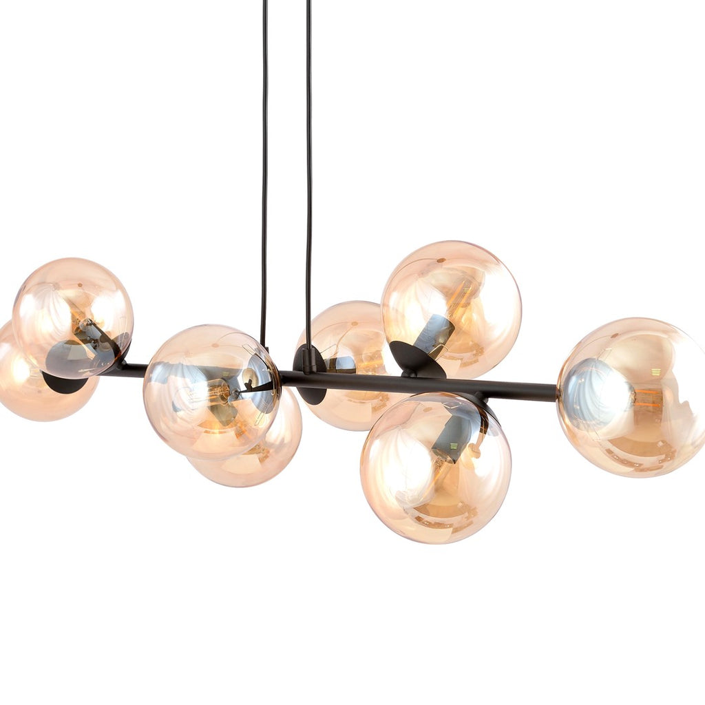 Hanglamp gepoedercoat staal en glas Rossi, modern, zwart met amber kappen, 8 lichts, 130 x 100 cm