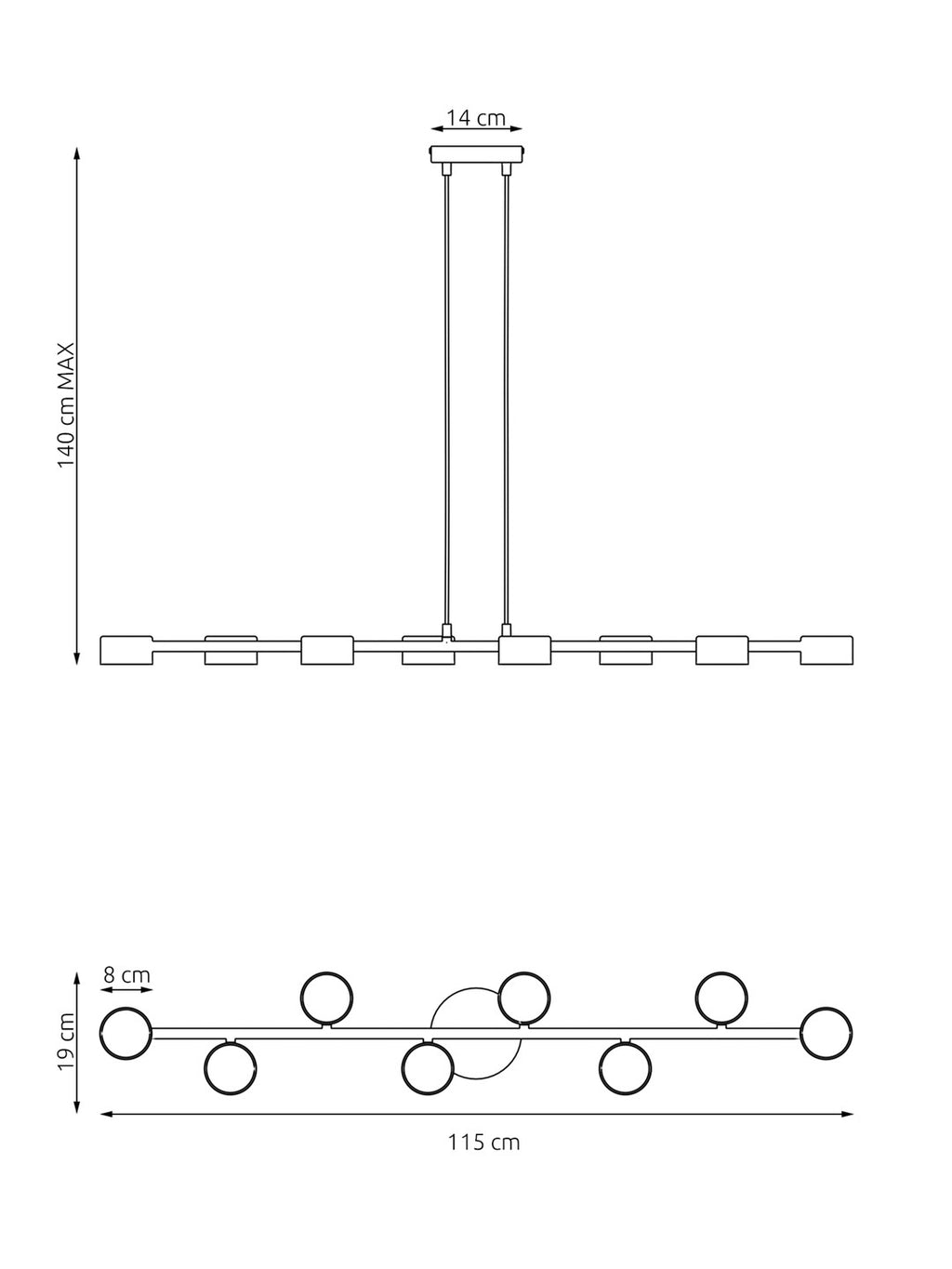 Hanglamp gepoedercoat staal modern Megara zwart 100 x 19 x 140 cm, 8 lichtpunten voor eettafel