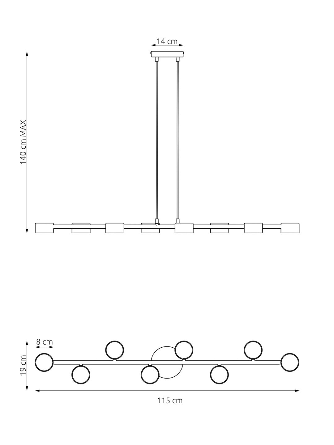 Hanglamp gepoedercoat staal modern Megara zwart 100 x 19 x 140 cm, 8 lichtpunten voor eettafel