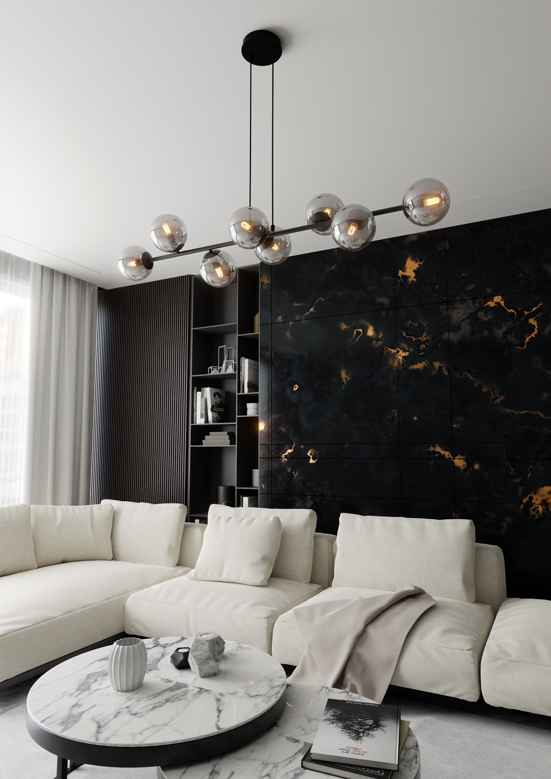 Hanglamp gepoedercoat staal en glas Rossi, zwart met grafiet kappen, 8 lichtpunten E14, 130 cm breed