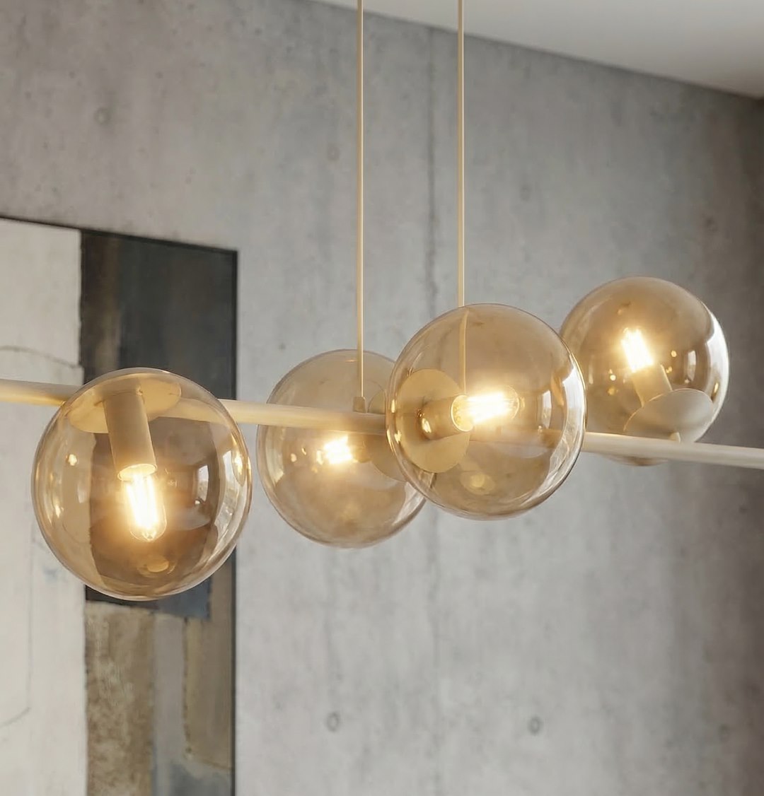 Hanglamp gepoedercoat staal en glas modern Magnus beige met amber kappen 130 cm breed, 8 lichtpunten