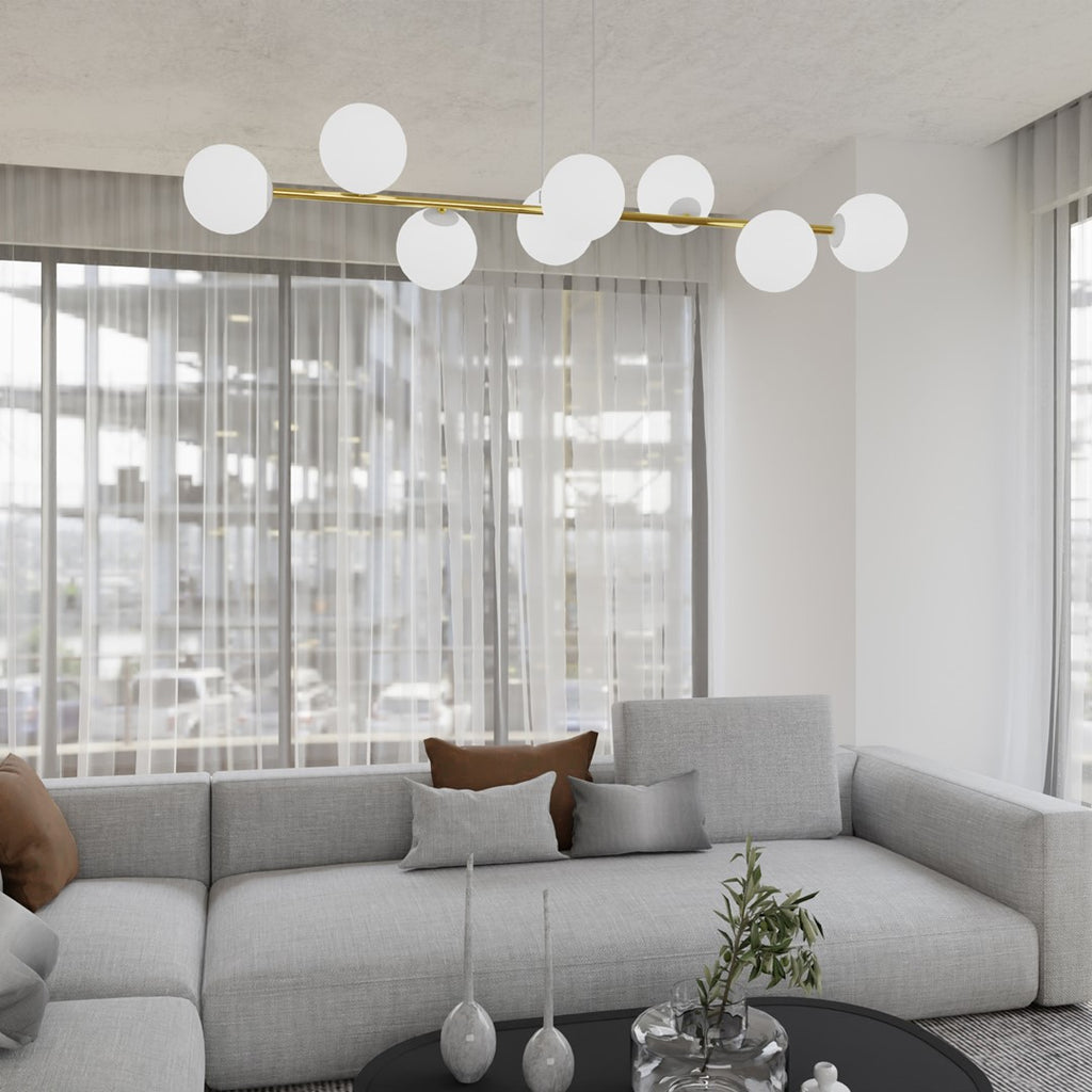 Hanglamp gepoedercoat staal en glas Gravity, wit en goud, 140 cm breed, 8 fittingen E14, verstelbare hoogte