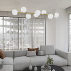 Hanglamp gepoedercoat staal en glas Gravity, wit en goud, 140 cm breed, 8 fittingen E14, verstelbare hoogte