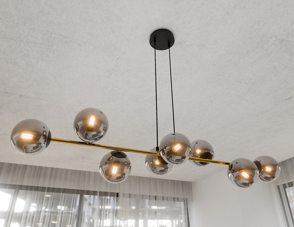 Hanglamp staal glas Gravity glamour zwart met goud en grafiet kappen, 8 lichts, 140 x 100 cm