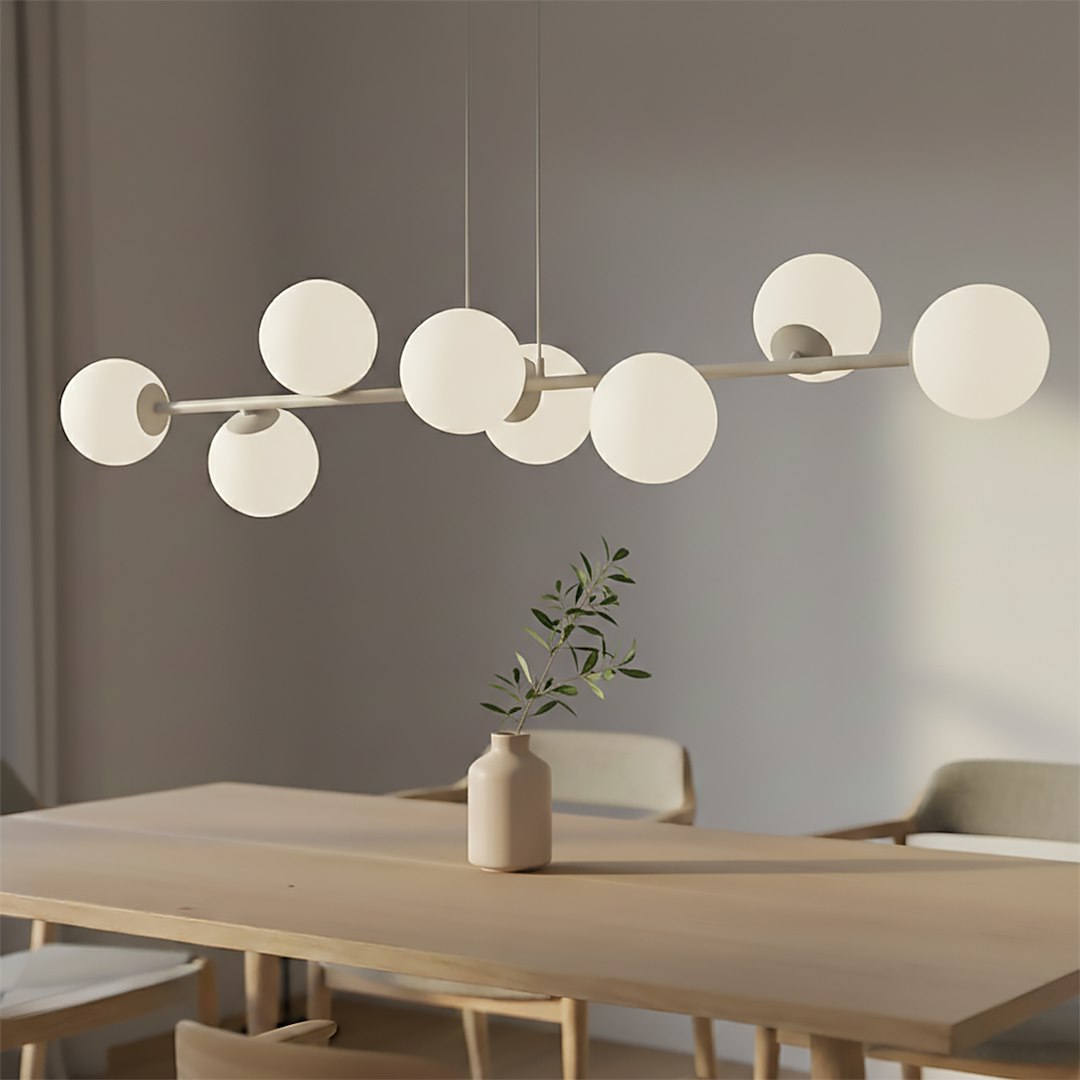 Hanglamp gepoedercoat staal en glas, modern Magnus, beige met witte kappen, 130 x 30 cm, 8 fittingen