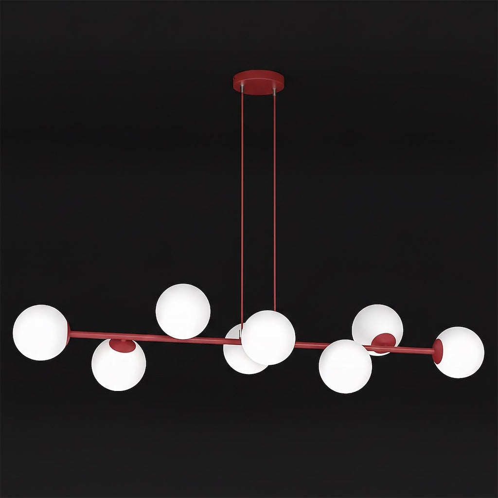 Hanglamp gepoedercoat staal modern Magnus bordeaux met witte glazen kappen, 8 fittingen E14, 130 x 30 cm