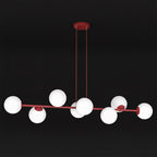 Hanglamp gepoedercoat staal modern Magnus bordeaux met witte glazen kappen, 8 fittingen E14, 130 x 30 cm