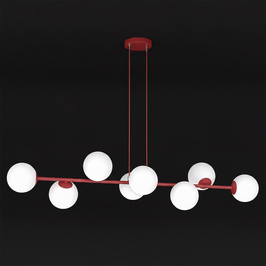 Hanglamp gepoedercoat staal modern Magnus bordeaux met witte glazen kappen, 8 fittingen E14, 130 x 30 cm