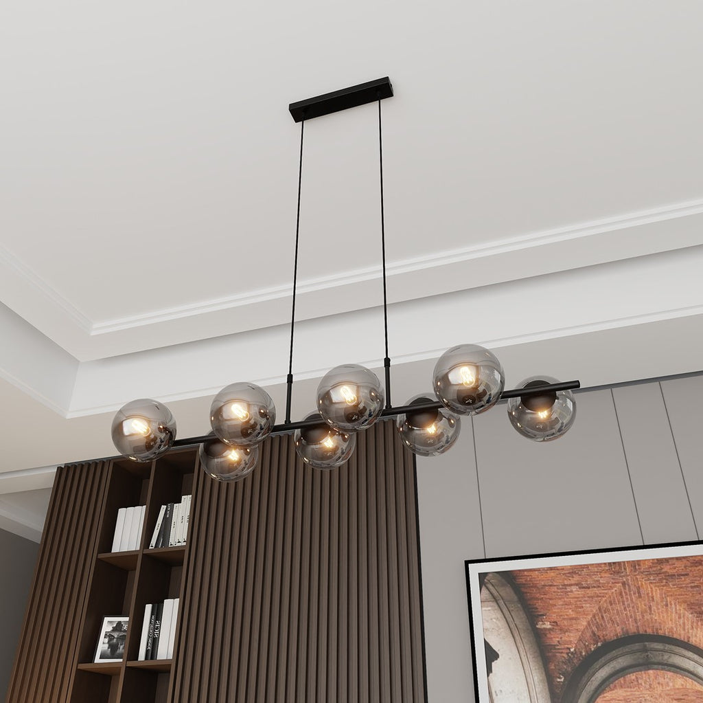 Hanglamp gepoedercoat staal en glas Rory, zwart met grafiet glazen kappen, 115 cm breed, 8 lichtpunten, eettafel