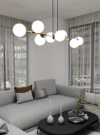 Hanglamp gepoedercoat staal Gravity glamour zwart goud met witte glazen kappen, 8 lichtpunten, 140 cm