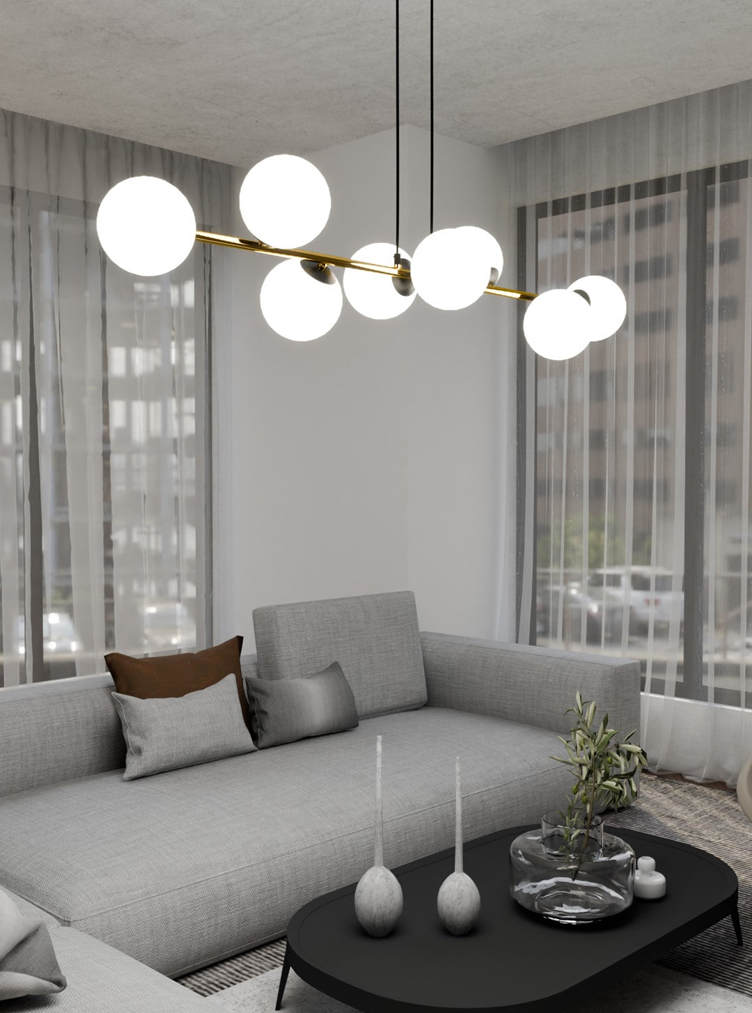 Hanglamp gepoedercoat staal Gravity glamour zwart goud met witte glazen kappen, 8 lichtpunten, 140 cm