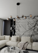 Hanglamp gepoedercoat staal en glas Rossi, zwart met grafiet kappen, 8 lichtpunten E14, 130 cm breed