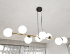 Hanglamp gepoedercoat staal Gravity glamour zwart goud met witte glazen kappen, 8 lichtpunten, 140 cm