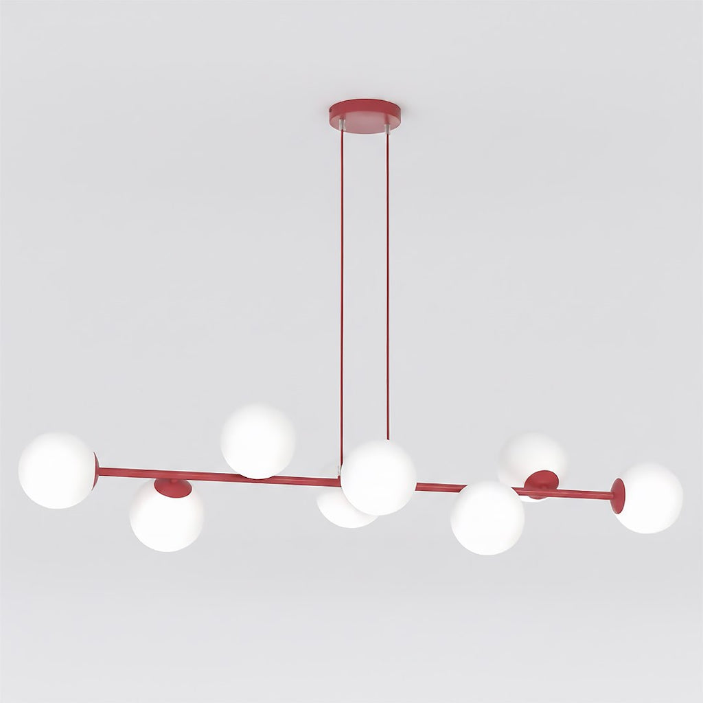 Hanglamp gepoedercoat staal modern Magnus bordeaux met witte glazen kappen, 8 fittingen E14, 130 x 30 cm