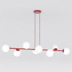 Hanglamp gepoedercoat staal modern Magnus bordeaux met witte glazen kappen, 8 fittingen E14, 130 x 30 cm