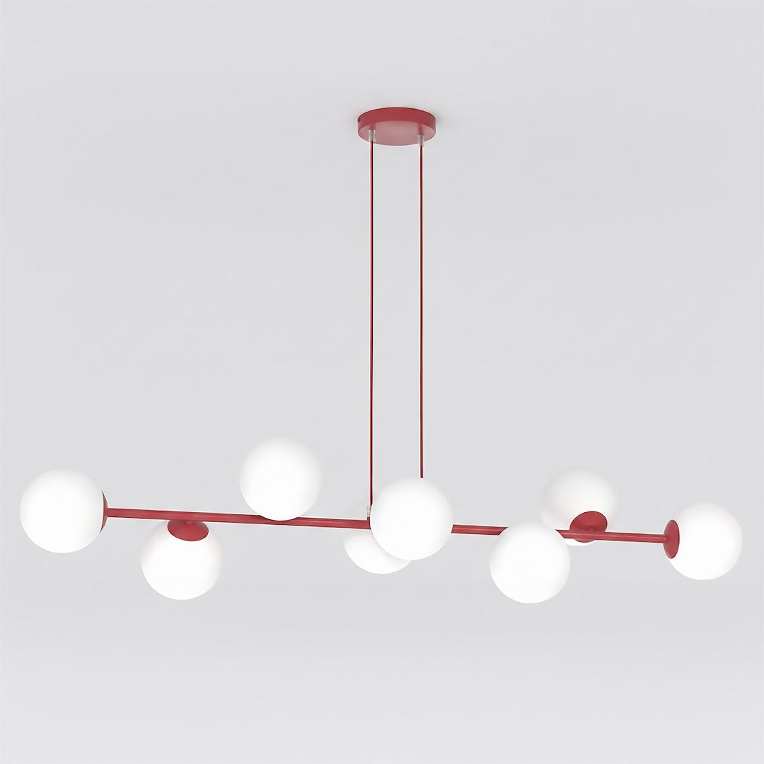 Hanglamp gepoedercoat staal modern Magnus bordeaux met witte glazen kappen, 8 fittingen E14, 130 x 30 cm