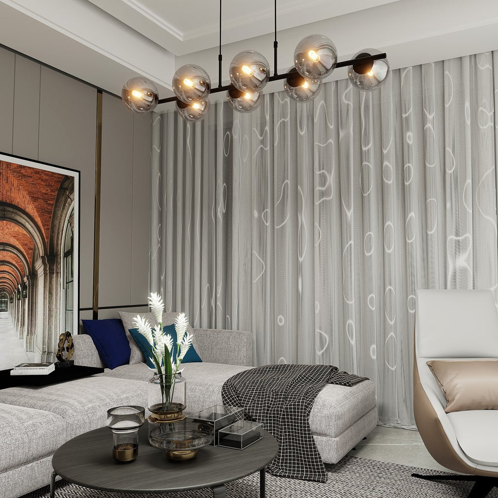 Hanglamp gepoedercoat staal en glas Rory, zwart met grafiet glazen kappen, 115 cm breed, 8 lichtpunten, eettafel