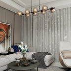 Hanglamp gepoedercoat staal en glas Rory, zwart met grafiet glazen kappen, 115 cm breed, 8 lichtpunten, eettafel