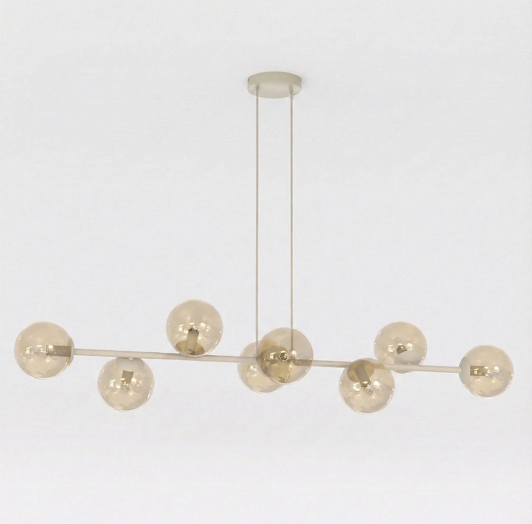 Hanglamp gepoedercoat staal en glas modern Magnus beige met amber kappen 130 cm breed, 8 lichtpunten