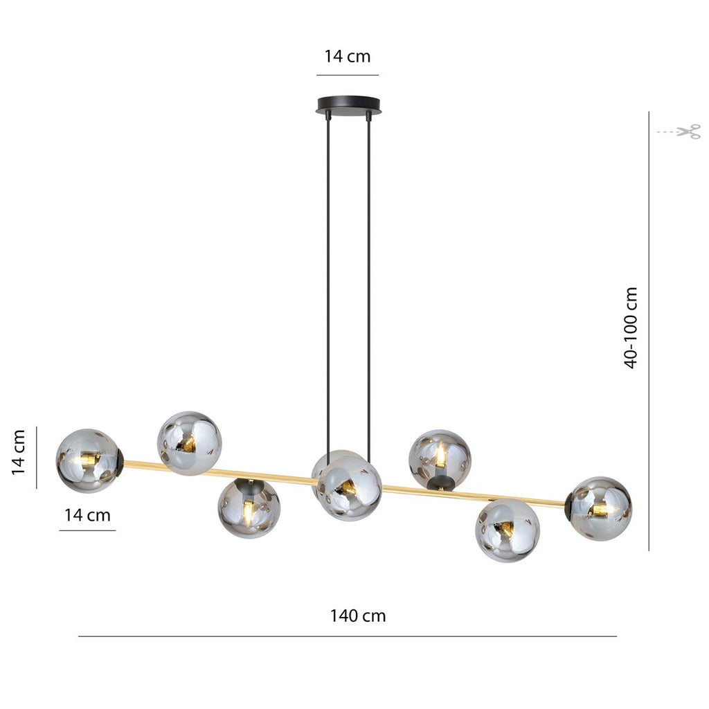 Hanglamp staal glas Gravity glamour zwart met goud en grafiet kappen, 8 lichts, 140 x 100 cm