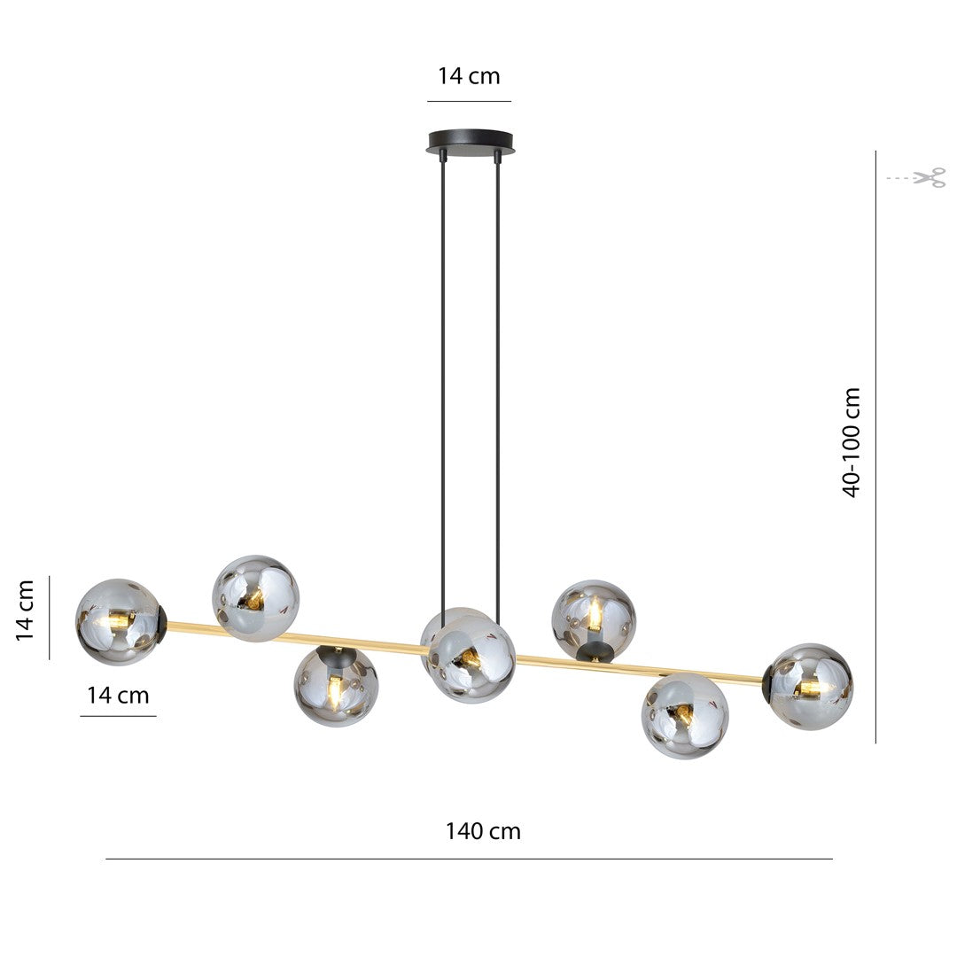 Hanglamp staal glas Gravity glamour zwart met goud en grafiet kappen, 8 lichts, 140 x 100 cm