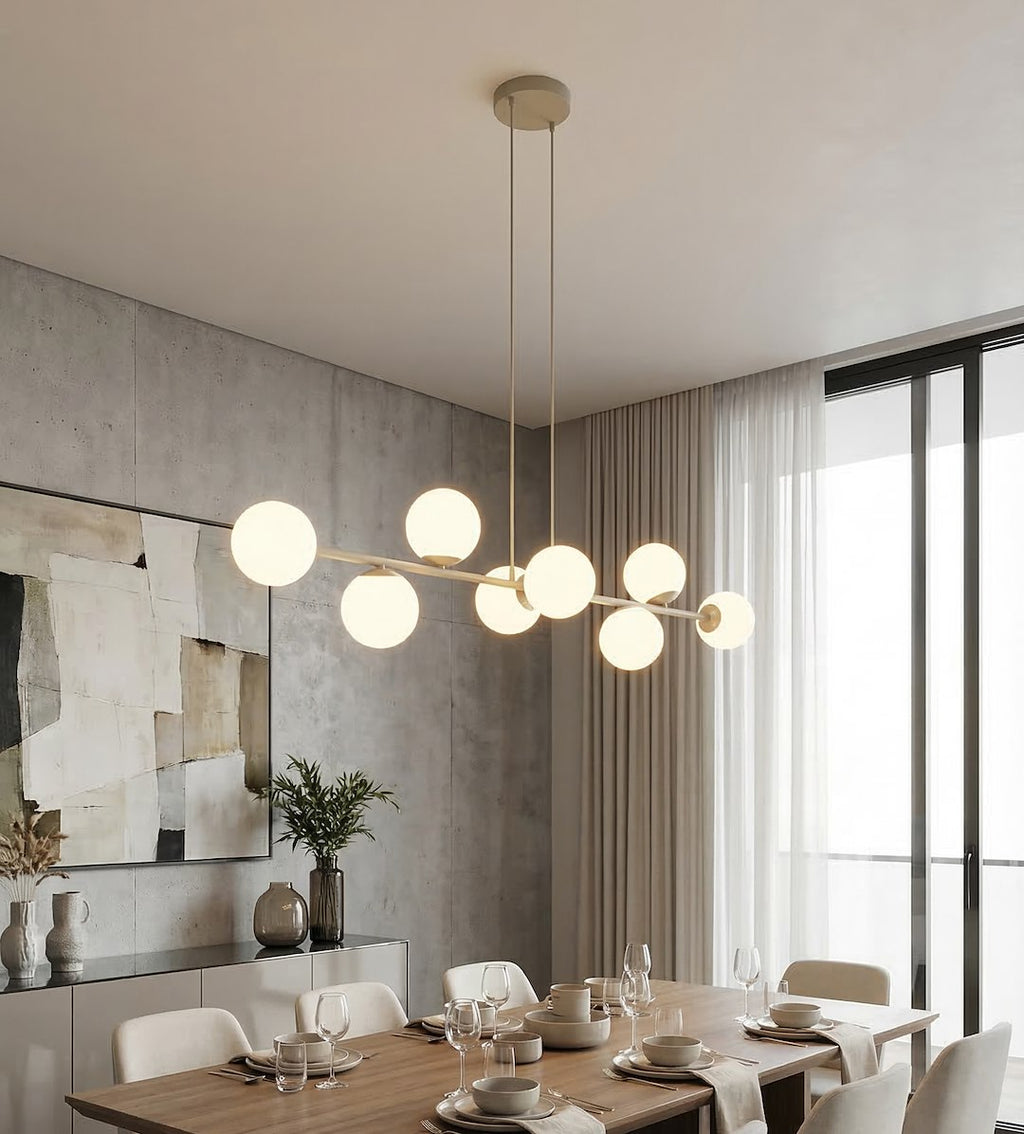 Hanglamp gepoedercoat staal en glas, modern Magnus, beige met witte kappen, 130 x 30 cm, 8 fittingen