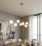Hanglamp gepoedercoat staal en glas, modern Magnus, beige met witte kappen, 130 x 30 cm, 8 fittingen