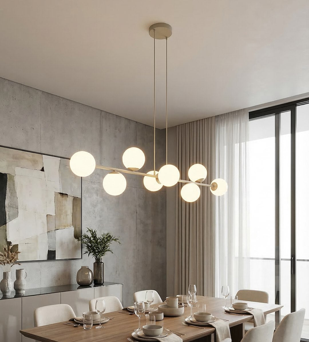 Hanglamp gepoedercoat staal en glas, modern Magnus, beige met witte kappen, 130 x 30 cm, 8 fittingen