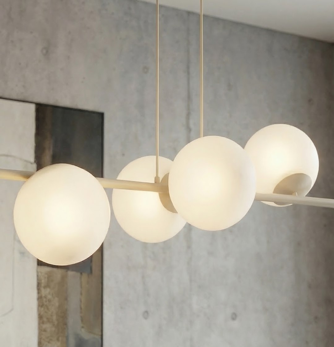 Hanglamp gepoedercoat staal en glas, modern Magnus, beige met witte kappen, 130 x 30 cm, 8 fittingen