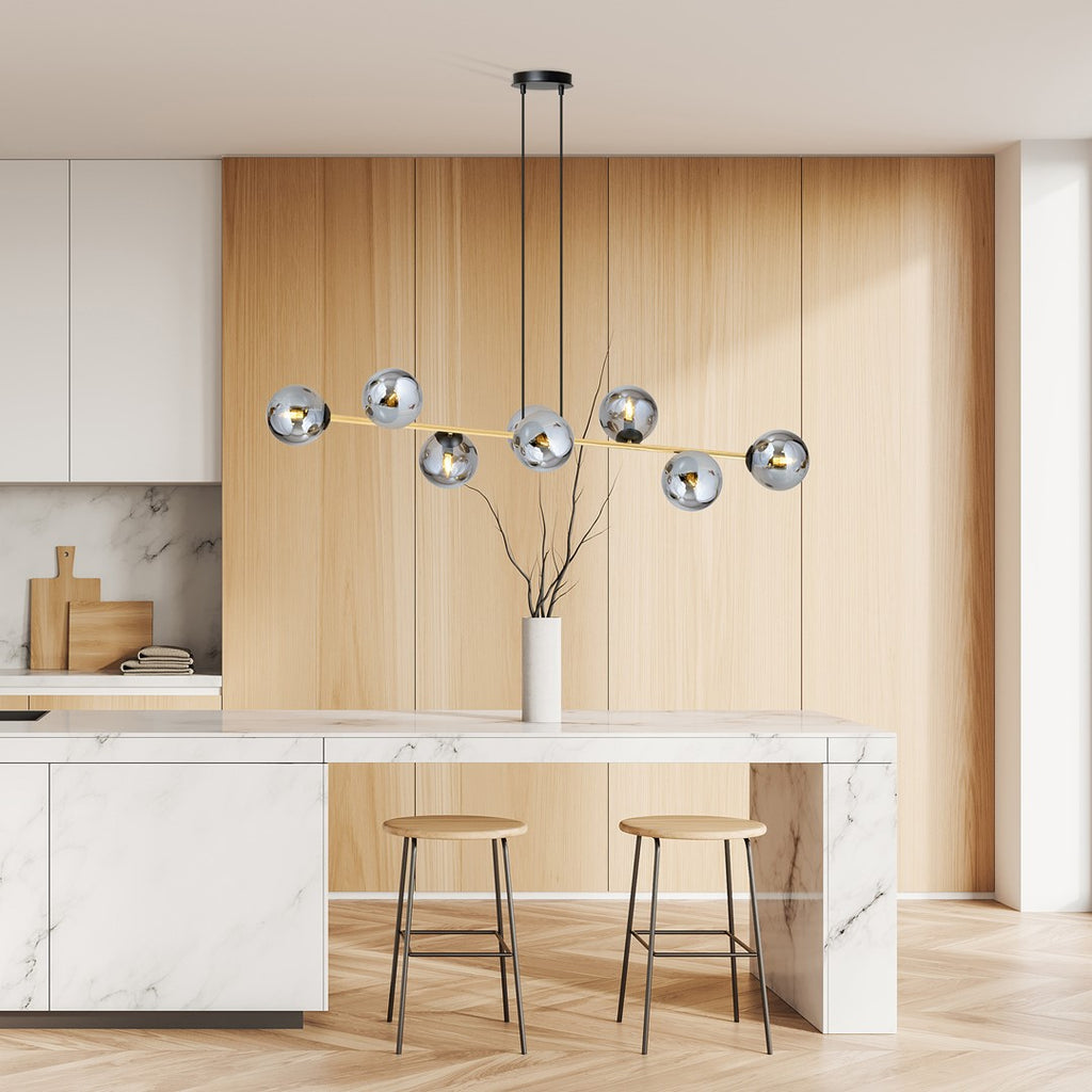 Hanglamp staal glas Gravity glamour zwart met goud en grafiet kappen, 8 lichts, 140 x 100 cm