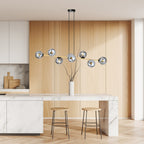 Hanglamp staal glas Gravity glamour zwart met goud en grafiet kappen, 8 lichts, 140 x 100 cm