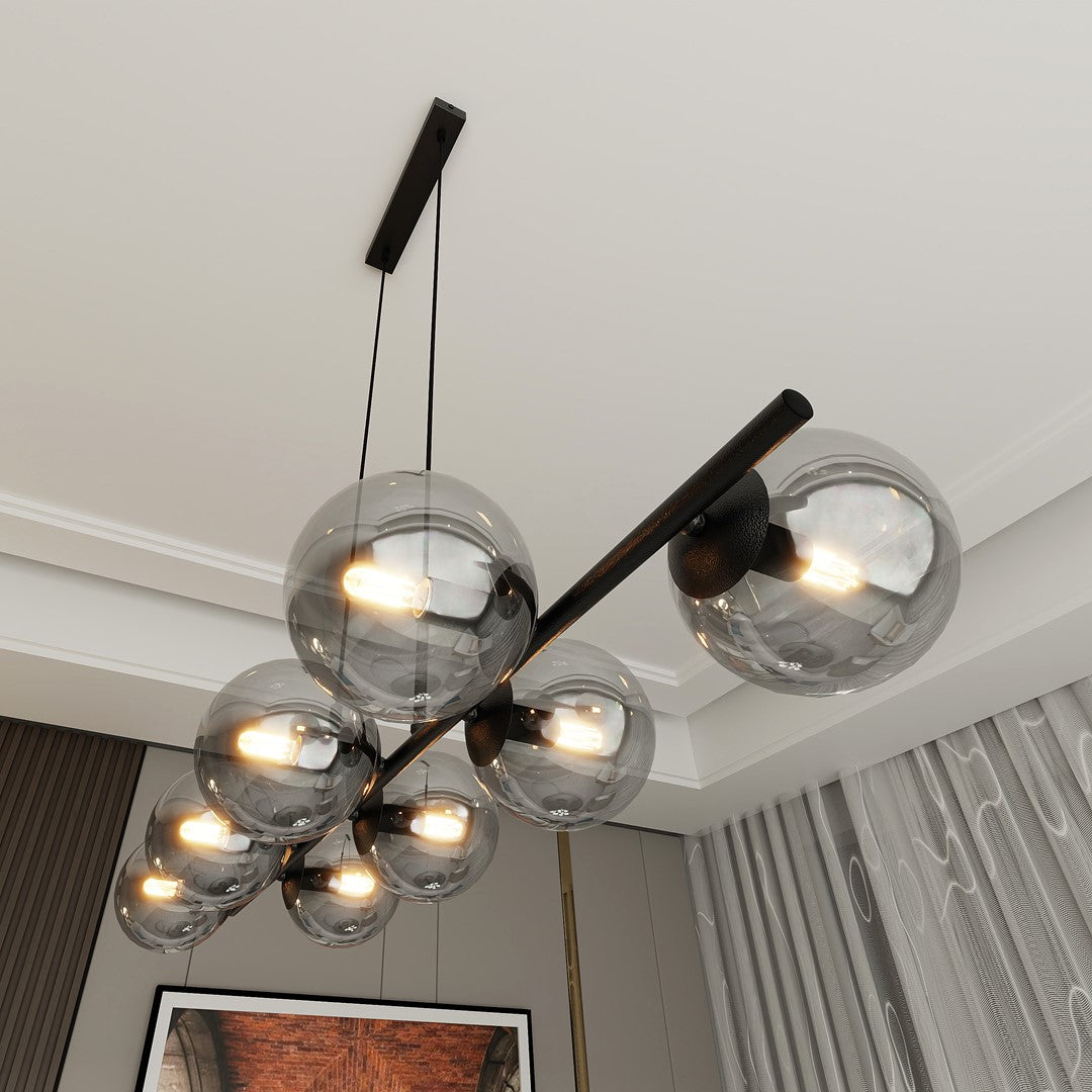 Hanglamp gepoedercoat staal en glas Rory, zwart met grafiet glazen kappen, 115 cm breed, 8 lichtpunten, eettafel