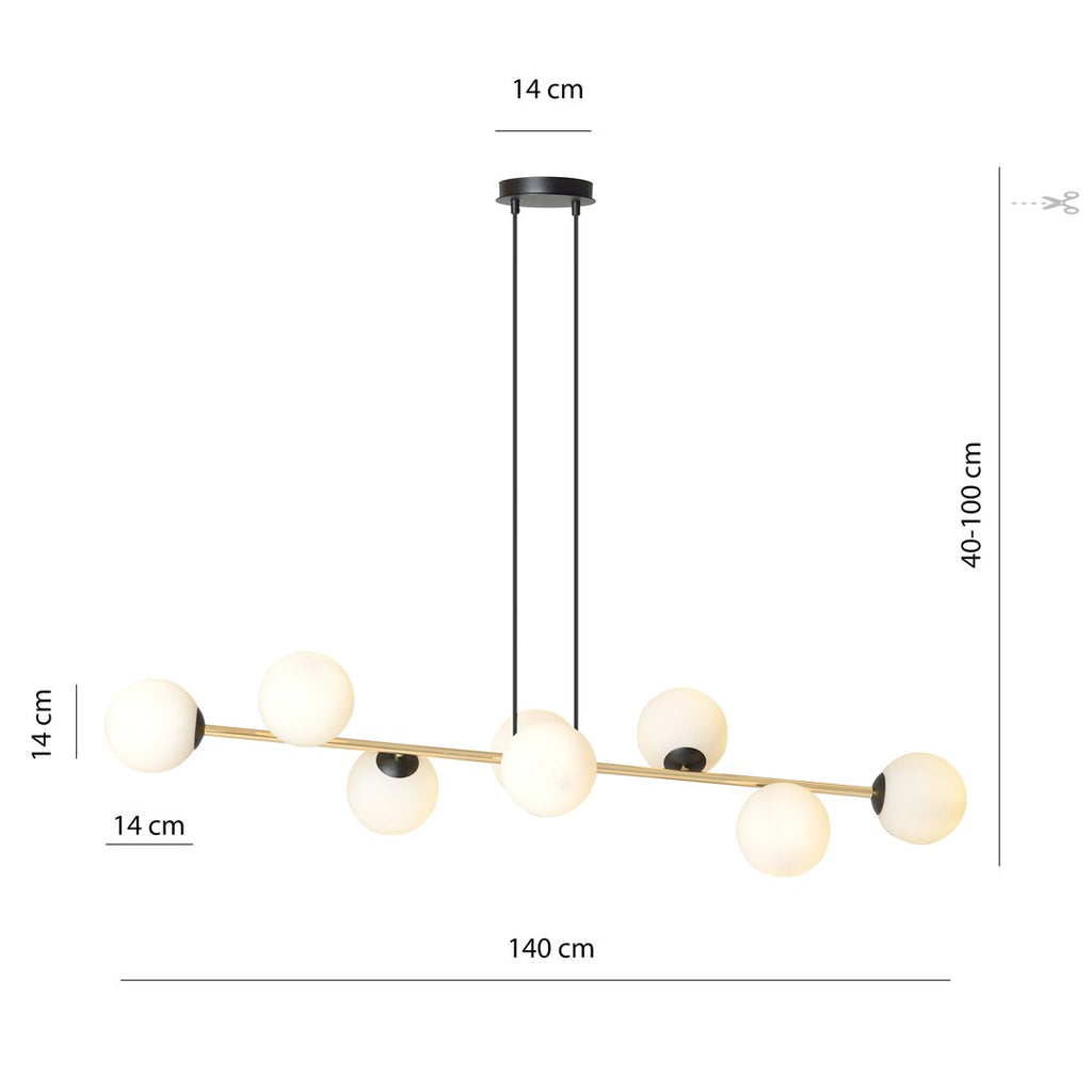 Hanglamp gepoedercoat staal Gravity glamour zwart goud met witte glazen kappen, 8 lichtpunten, 140 cm