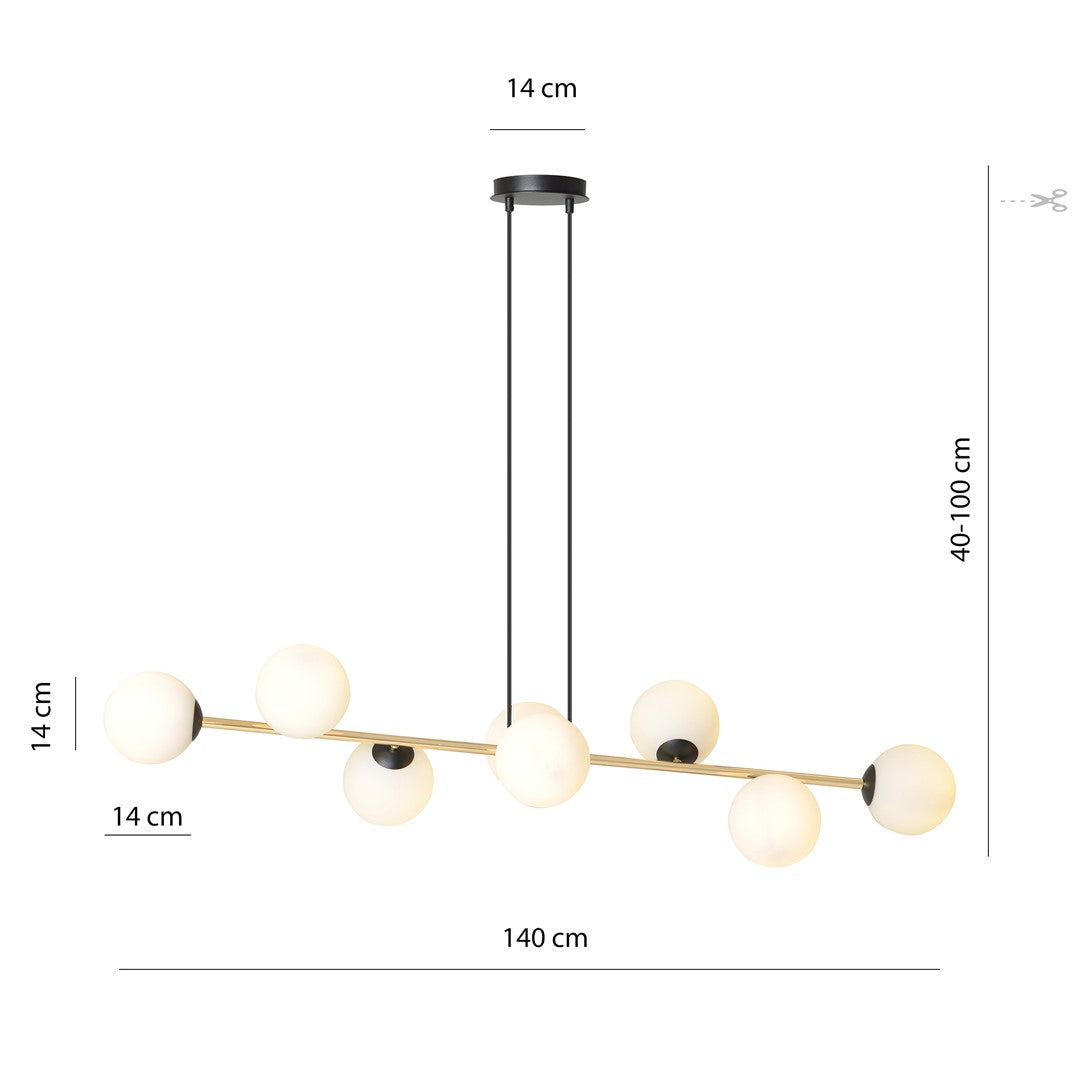 Hanglamp gepoedercoat staal Gravity glamour zwart goud met witte glazen kappen, 8 lichtpunten, 140 cm