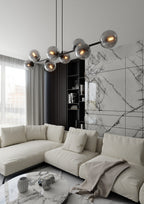 Hanglamp gepoedercoat staal en glas Rossi, zwart met grafiet kappen, 8 lichtpunten E14, 130 cm breed