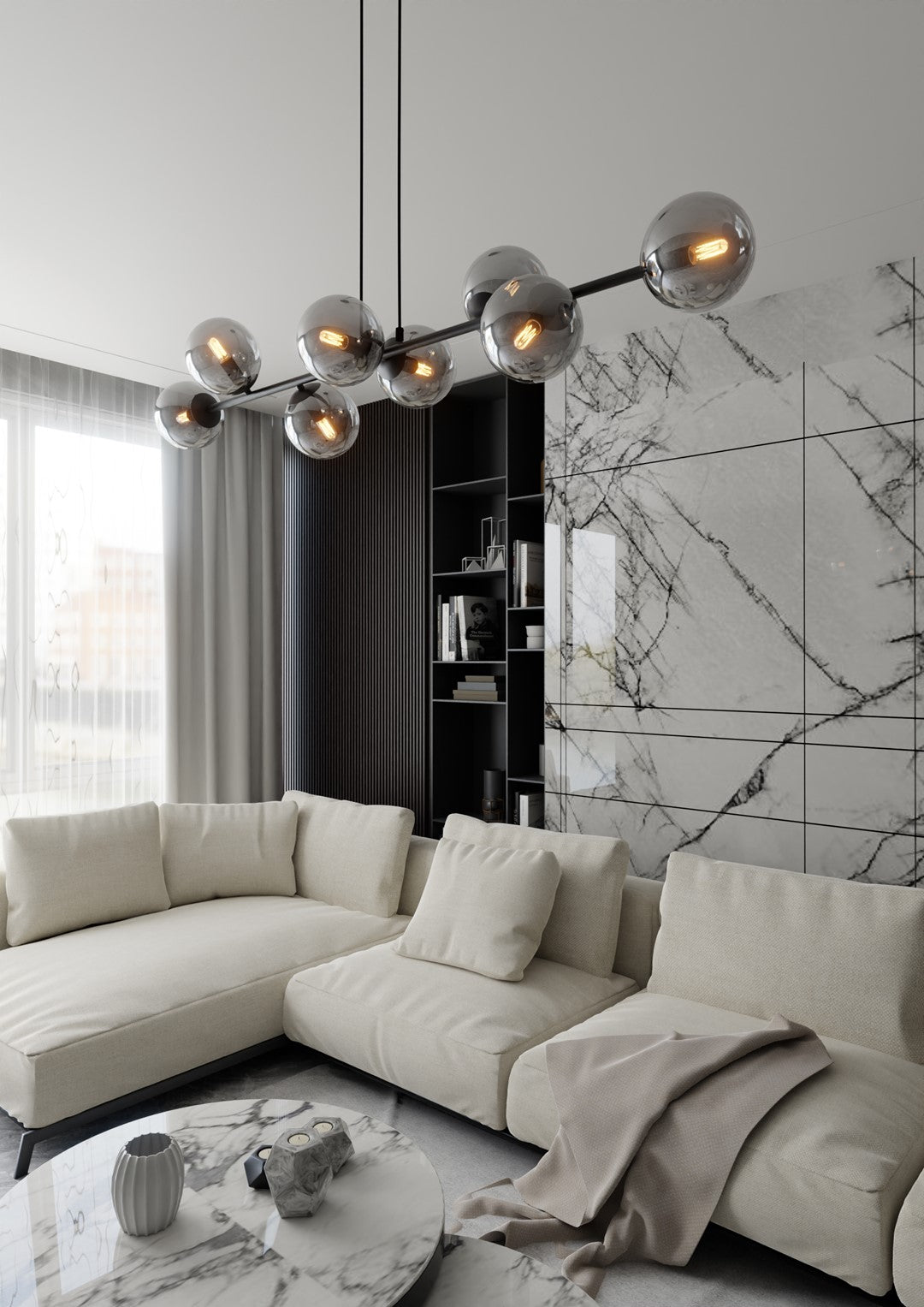 Hanglamp gepoedercoat staal en glas Rossi, zwart met grafiet kappen, 8 lichtpunten E14, 130 cm breed