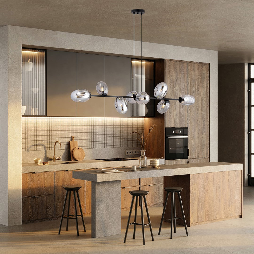 Hanglamp gepoedercoat staal en glas Pandora, modern, zwart met grafiet kappen, 8 lichtpunten E14, 140 cm