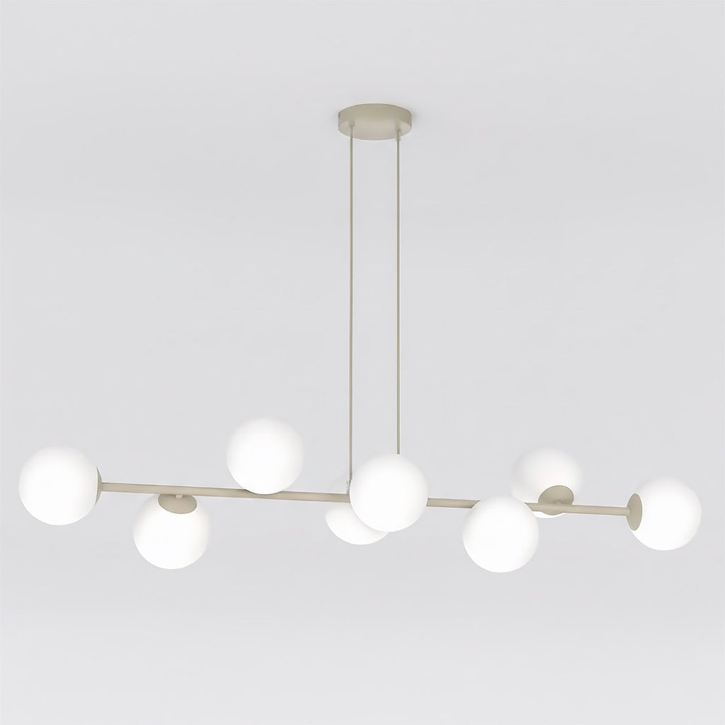 Hanglamp gepoedercoat staal en glas, modern Magnus, beige met witte kappen, 130 x 30 cm, 8 fittingen