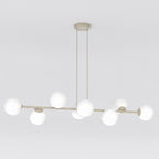 Hanglamp gepoedercoat staal en glas, modern Magnus, beige met witte kappen, 130 x 30 cm, 8 fittingen