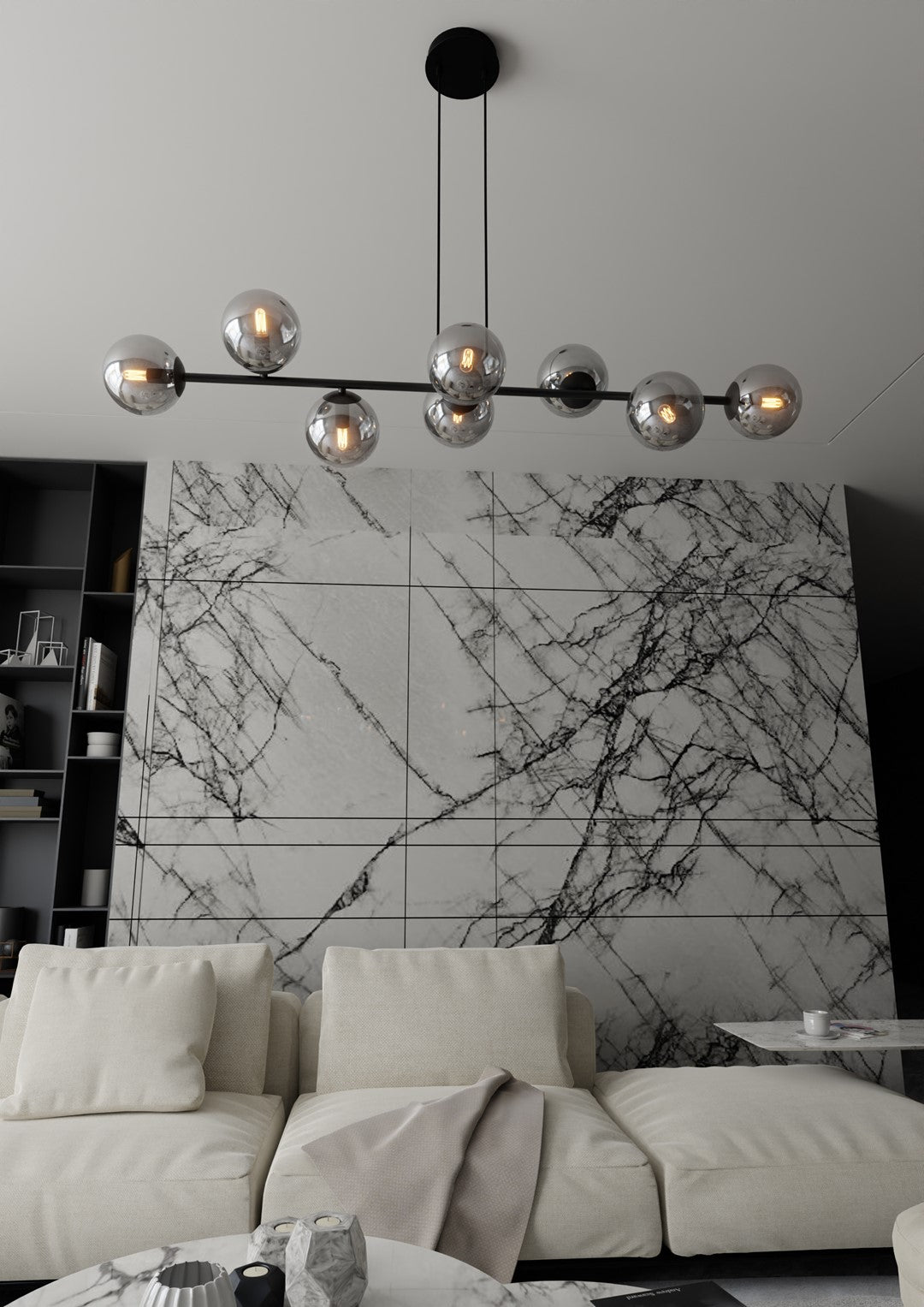 Hanglamp gepoedercoat staal en glas Rossi, zwart met grafiet kappen, 8 lichtpunten E14, 130 cm breed