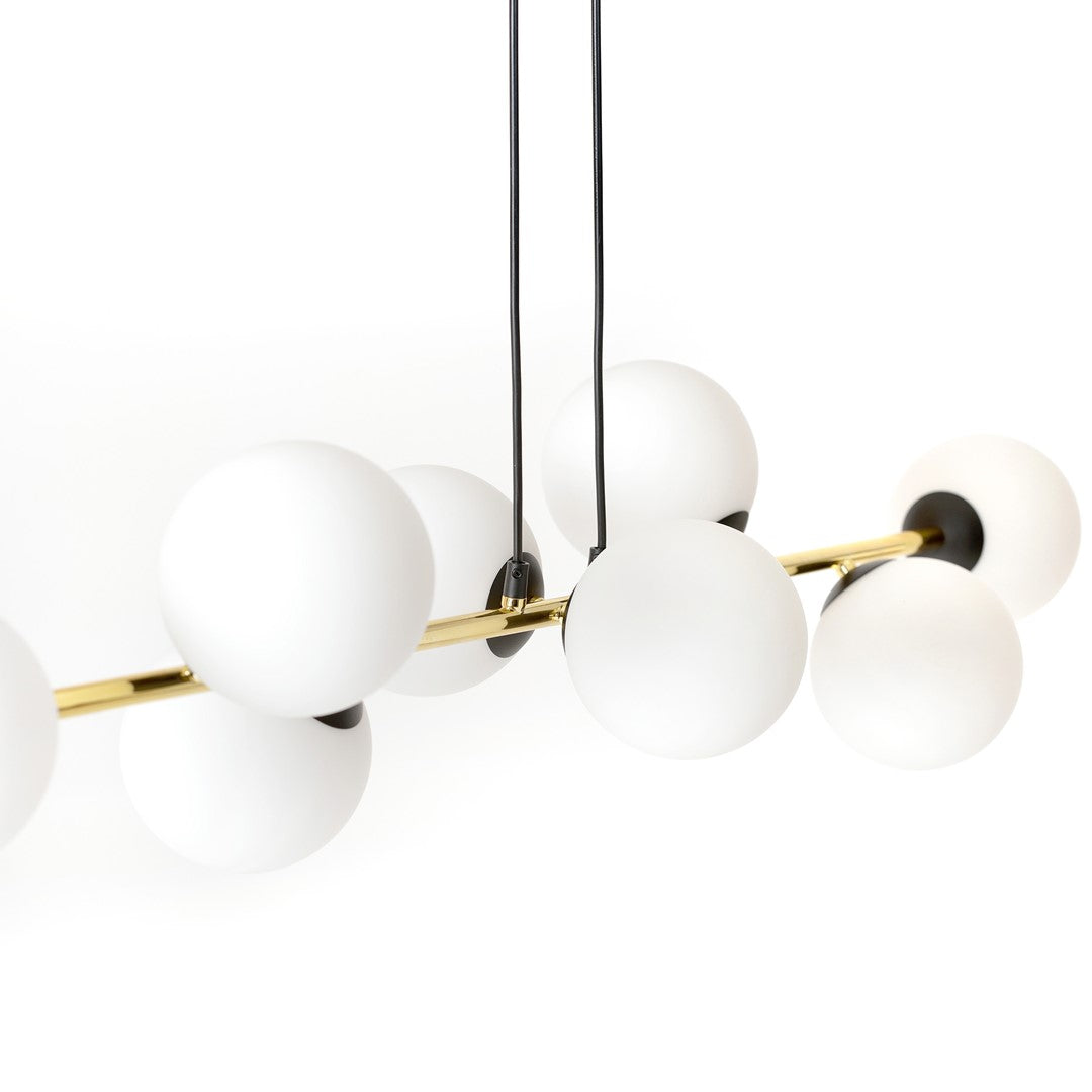 Hanglamp gepoedercoat staal Gravity glamour zwart goud met witte glazen kappen, 8 lichtpunten, 140 cm