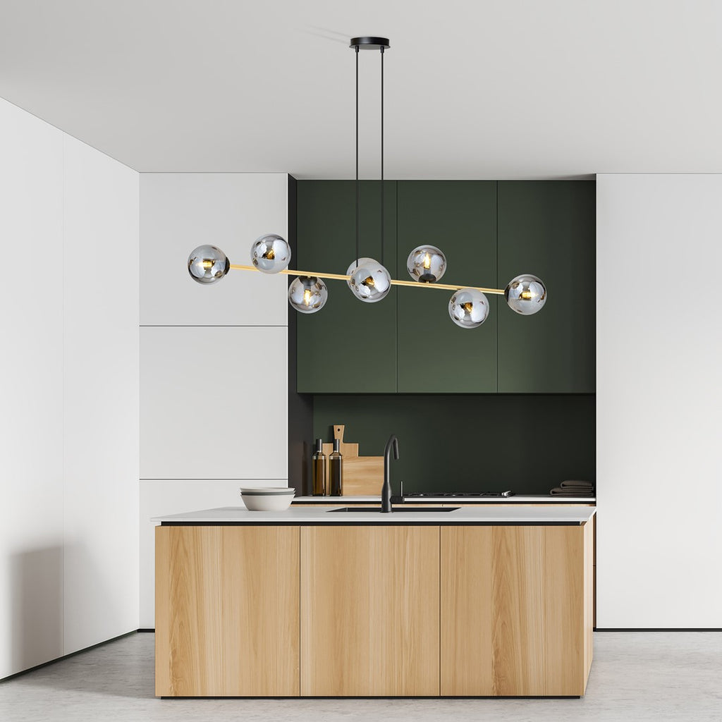 Hanglamp staal glas Gravity glamour zwart met goud en grafiet kappen, 8 lichts, 140 x 100 cm