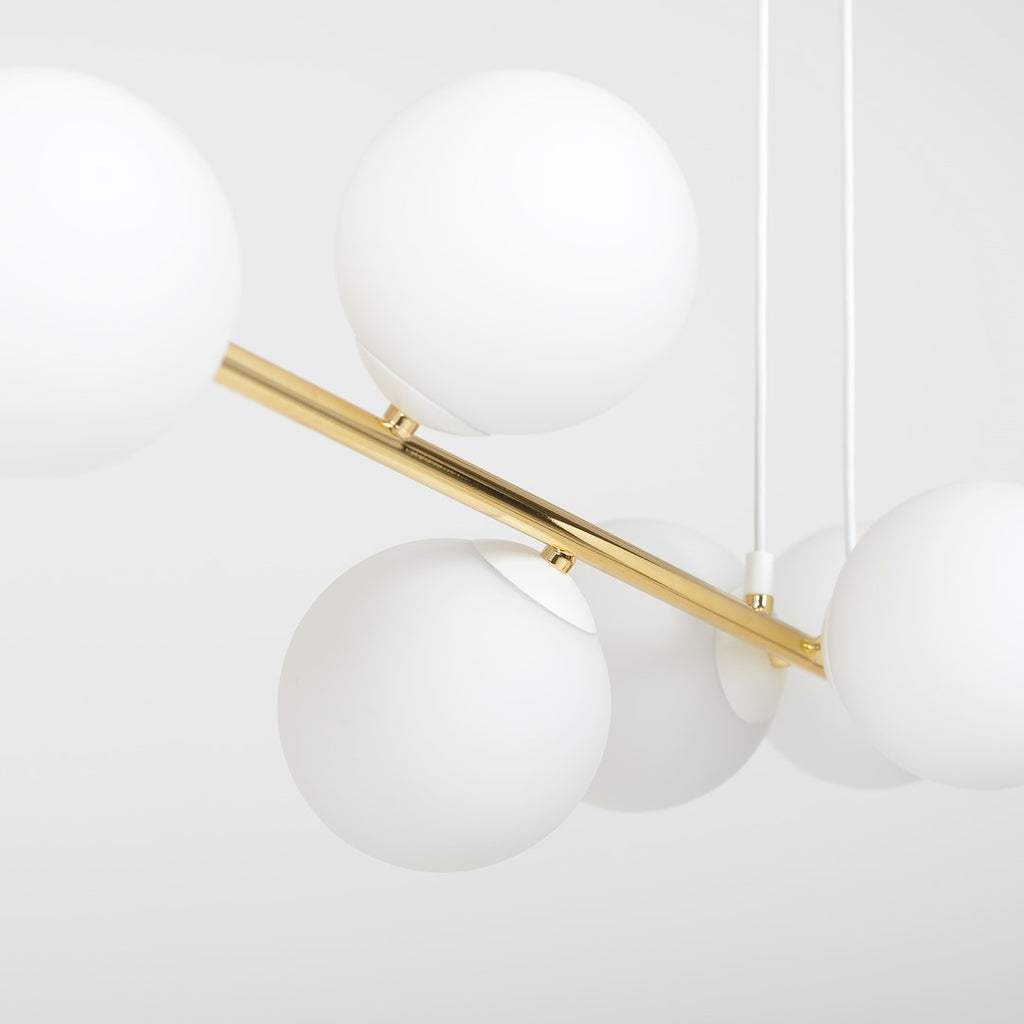 Hanglamp gepoedercoat staal en glas Gravity, wit en goud, 140 cm breed, 8 fittingen E14, verstelbare hoogte